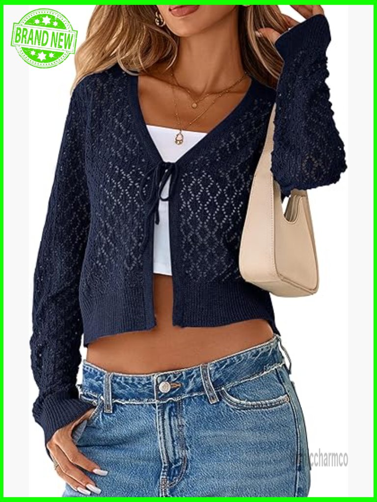 Womens Crochet Cardigan Tie Front Shrug Open Knit Long Sleeve Crop Top